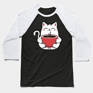 Cute White Cat Enjoying Coffee Fun Cartoon Art Baseball T-Shirt